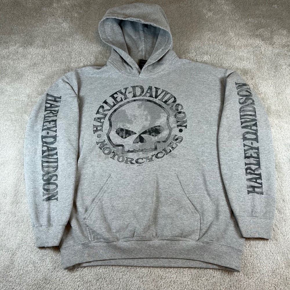Harley Davidson Hoodie Mens M Gray Willie G Skull Oconomowoc WI Graphic Biker - Picture 1 of 13